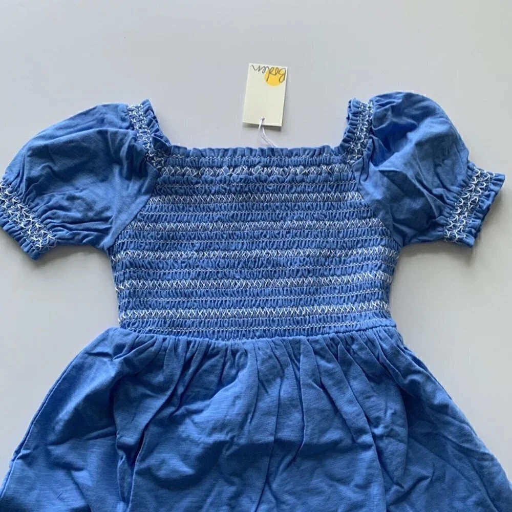 Mini Boden Girl Blue Shirred Holiday Dress 5-6 Years